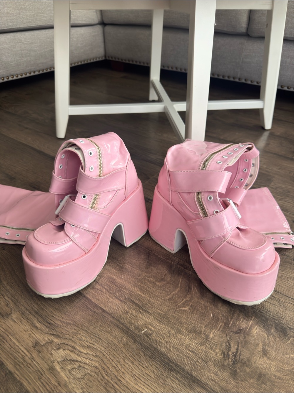 DEMONIA Platform Knee-High Buckle Boots - Pink - Picture 6 of 11